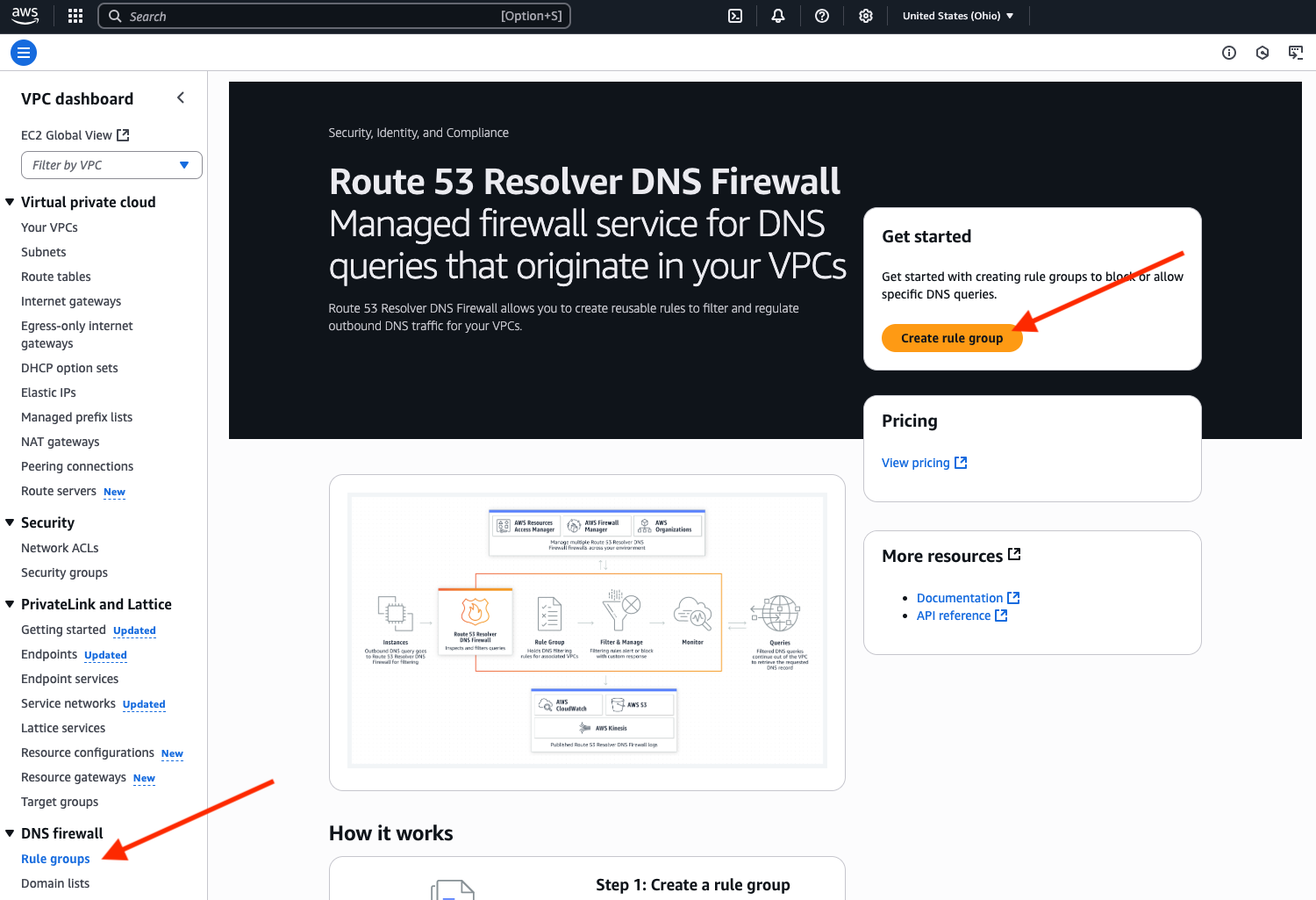 DNS Firewall rule group creation