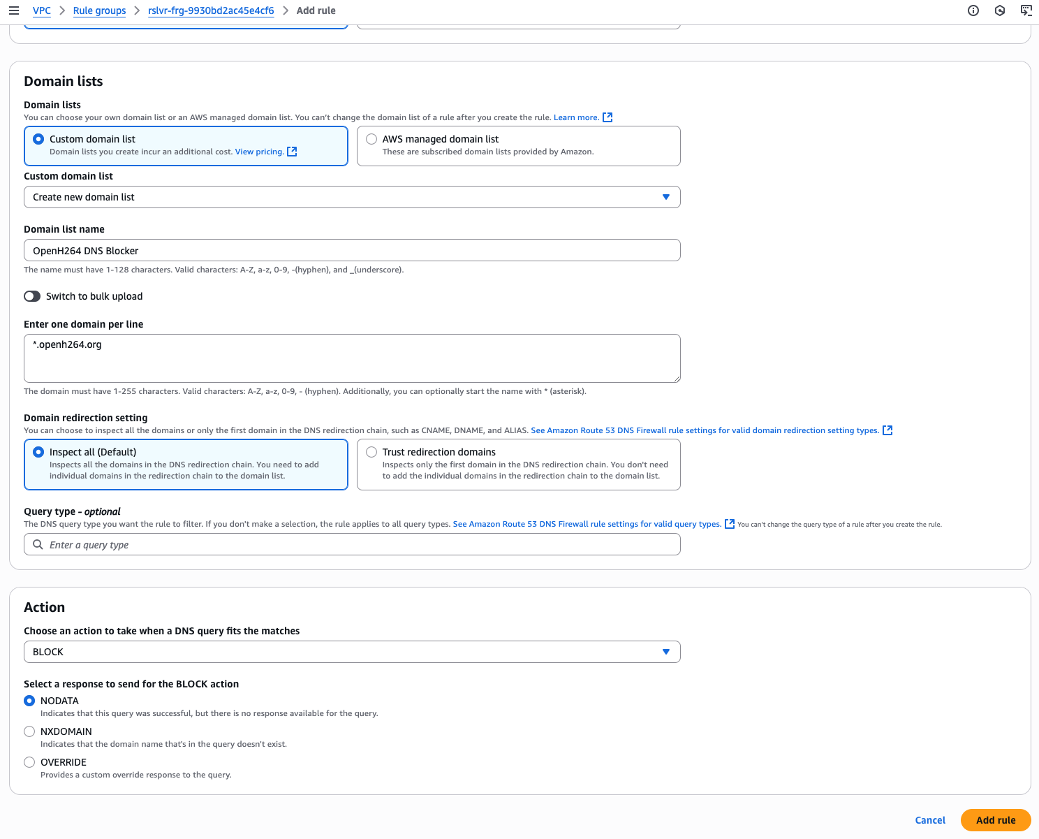 DNS Firewall rule configuration
